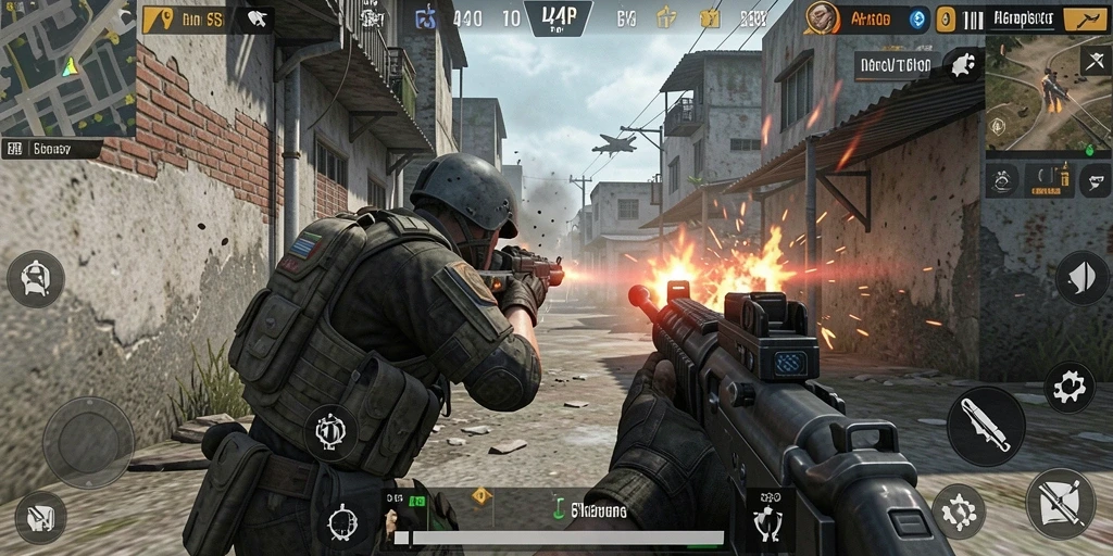 Screenshot gameplay 4P4P menampilkan aksi tembak-menembak yang intens dan seru.