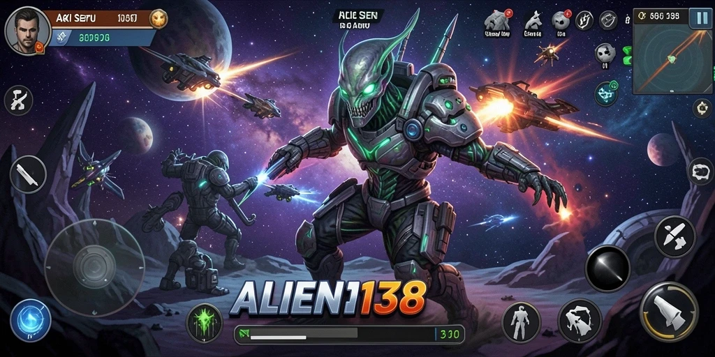 Screenshot gameplay ALIEN138 menunjukkan aksi mendebarkan melawan alien.
