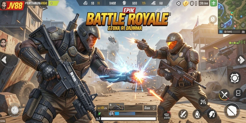 Tampilan gameplay JV88 yang seru dengan aksi pertarungan Battle Royale.