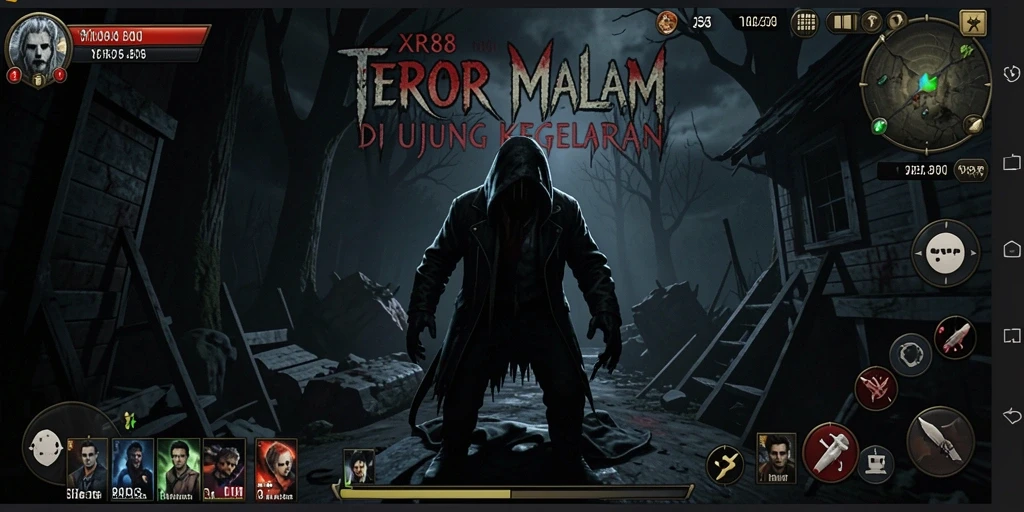 Screenshot gameplay XR88 menampilkan suasana mencekam dan desain efek horor.